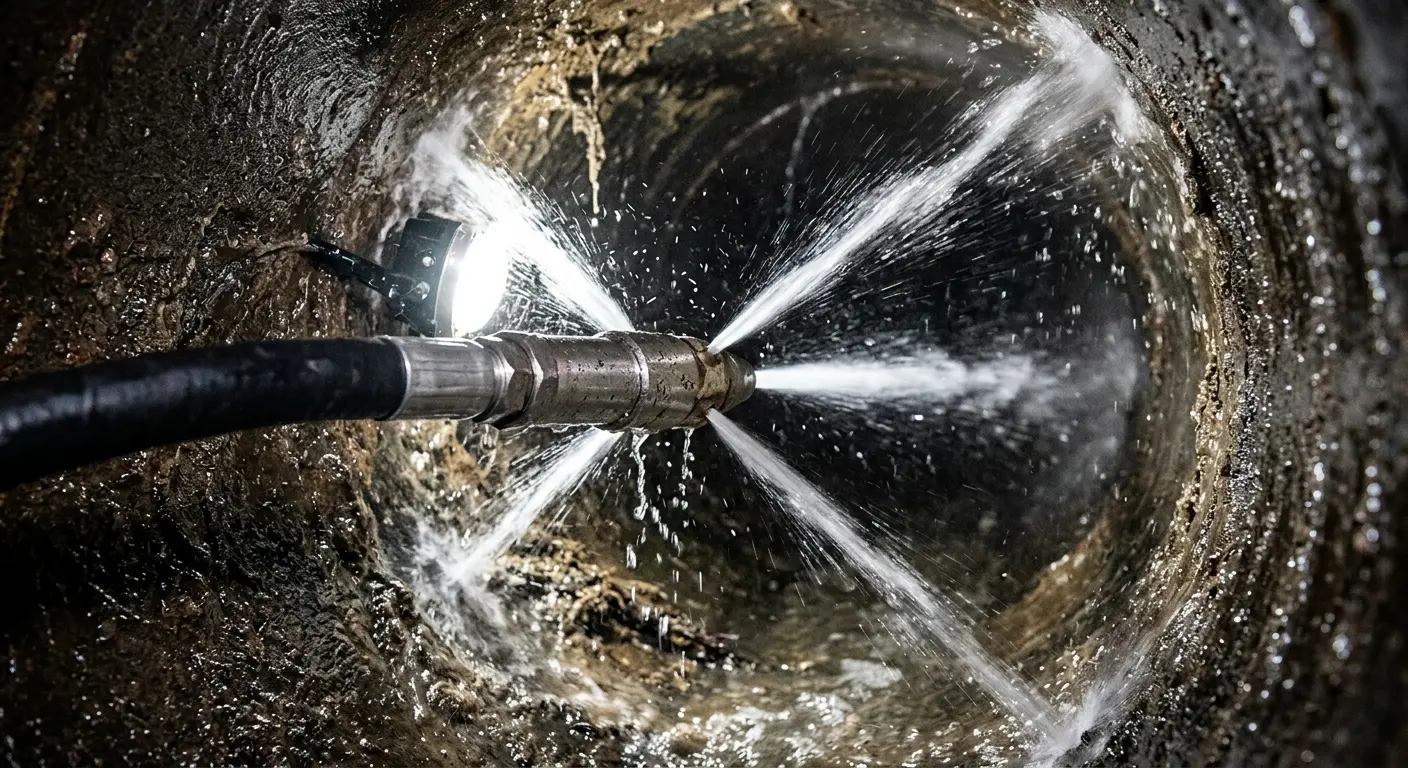 High-pressure hydro jetting nozzle cleaning sewer pipe for Emergency Drain Service in West Valley City