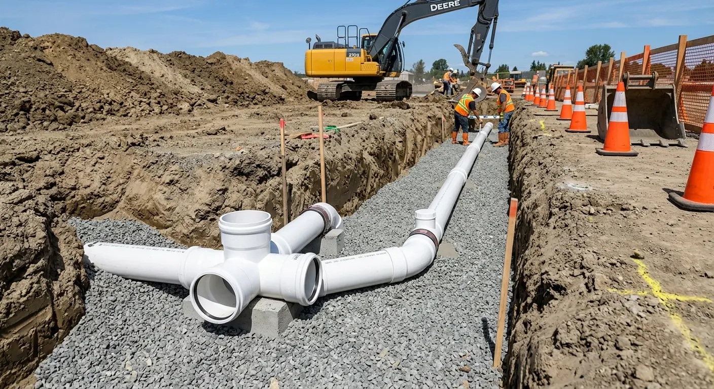 New PVC sewer pipe installation in open trench for Grease Trap Cleaning in West Valley City
