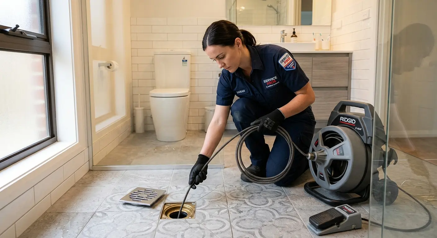 Technician clearing a bathroom floor drain for Sewer Line Installation in West Valley City